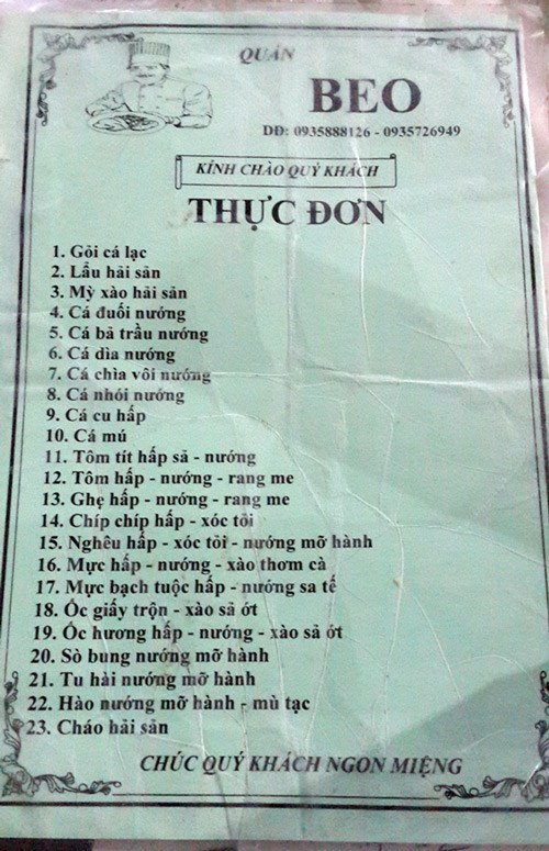 Thực đơn quán Beo