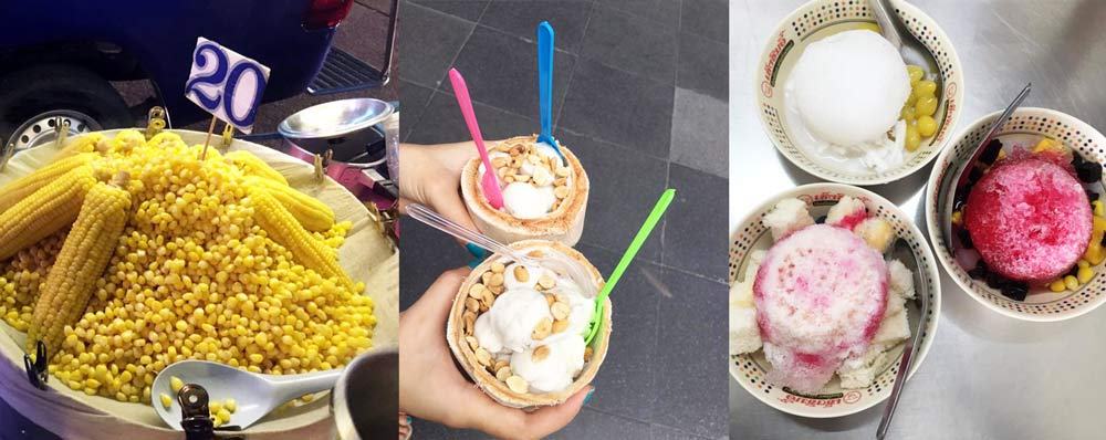 Ngô trộn 20 bạt, kem dừa 40 bạt, chè Thái 30 bạt